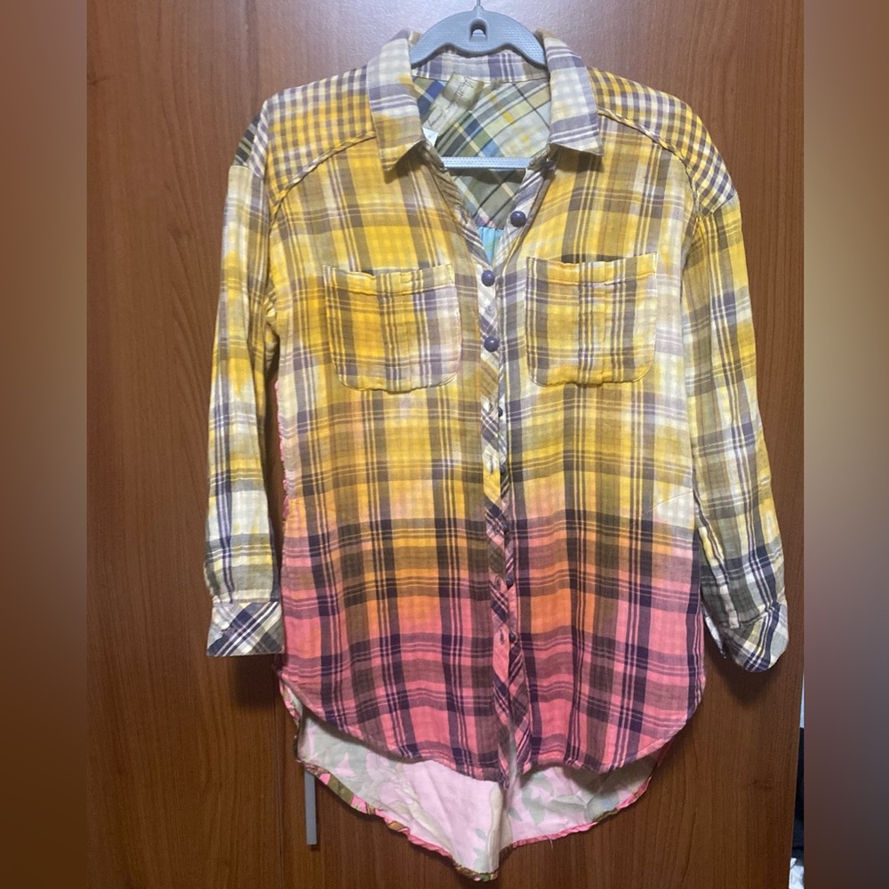ARATTA HIBISCUS WASHED PLAID shirt with colorful bird-themed botanical print XS - Picture 4 of 16